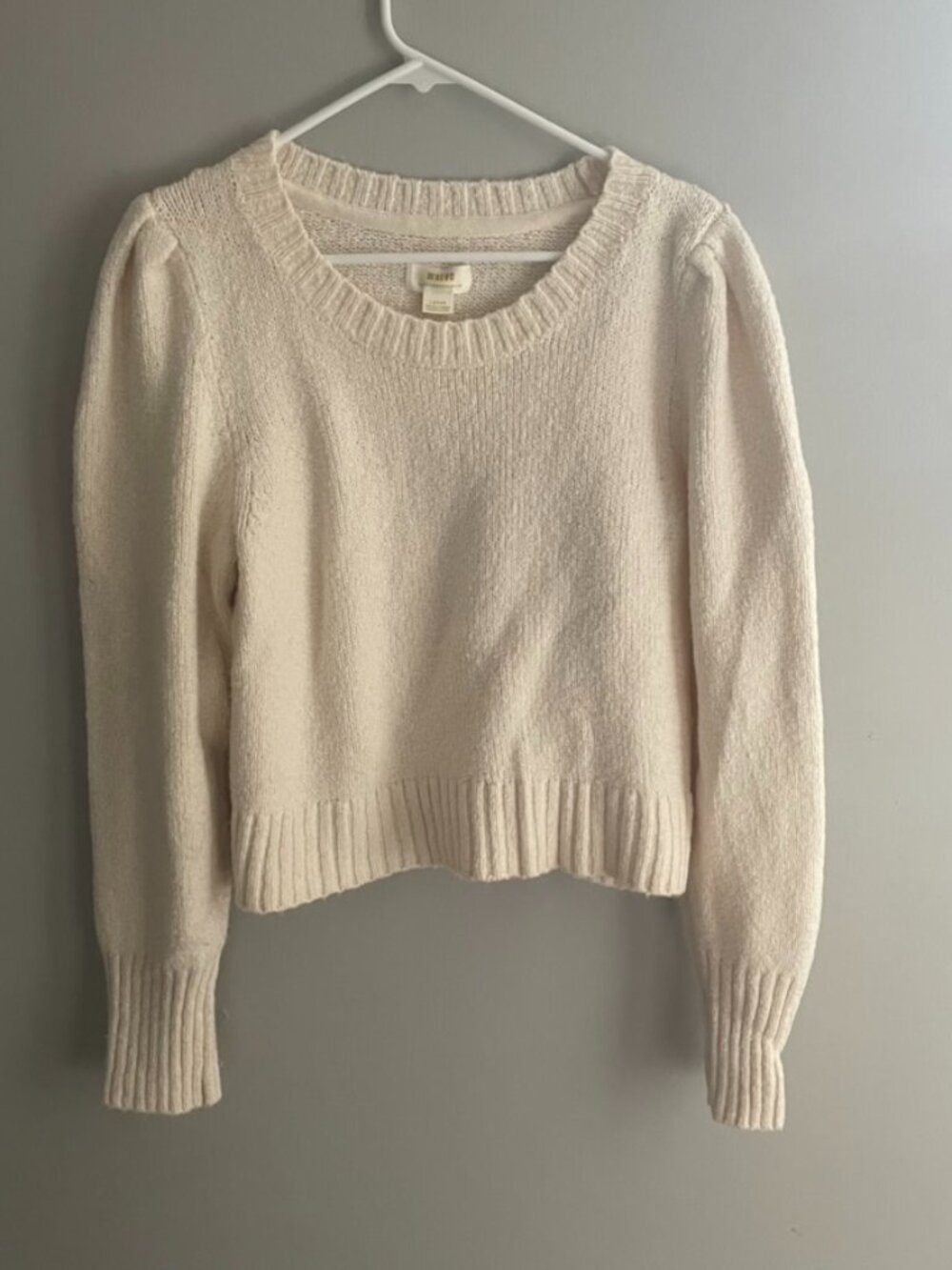 Maeve Anthropologie Sweater Large‎ Cream Puff Sleeve Cropped Knit